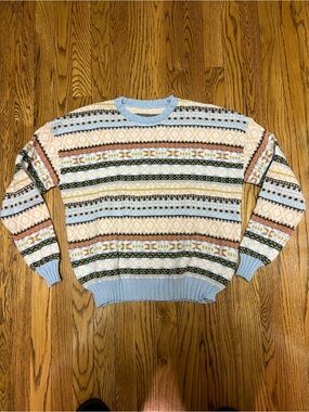 Women’s Multicolor Striped Crewneck Sweater - Light Blue Accent